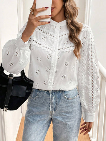 Frenchy Women's Solid Front Button Long Sleeve Hollow Casual Shirt Frenchy Women's Solid Front Button Long Sleeve Hollow Casual Shirt