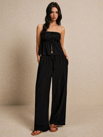 Women's Summer Casual Solid Color Strapless Crop Top And Long Pants Set With Slit Women's Summer Casual Solid Color Strapless Crop Top And Long Pants Set With Slit