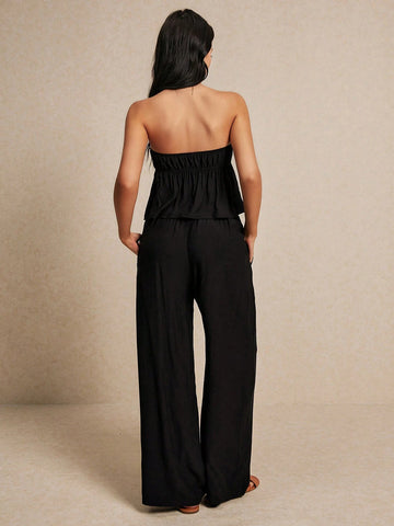 Women's Summer Casual Solid Color Strapless Crop Top And Long Pants Set With Slit Women's Summer Casual Solid Color Strapless Crop Top And Long Pants Set With Slit