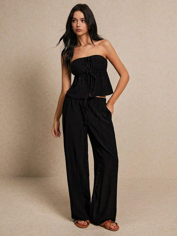 Women's Summer Casual Solid Color Strapless Crop Top And Long Pants Set With Slit Women's Summer Casual Solid Color Strapless Crop Top And Long Pants Set With Slit