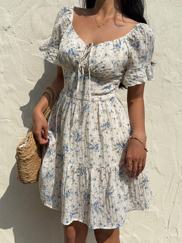 Women's Summer Vacation Style Blue Floral Textured Puffy Sleeve Casual Short Dresses Sprin Women's Summer Vacation Style Blue Floral Textured Puffy Sleeve Casual Short Dresses Sprin