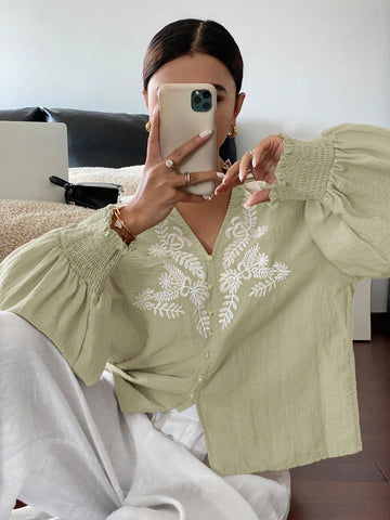 Frenchy Women's Vacation Casual White Embroidered Front Placket Shirt Frenchy Women's Vacation Casual White Embroidered Front Placket Shirt