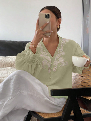Frenchy Women's Vacation Casual White Embroidered Front Placket Shirt Frenchy Women's Vacation Casual White Embroidered Front Placket Shirt