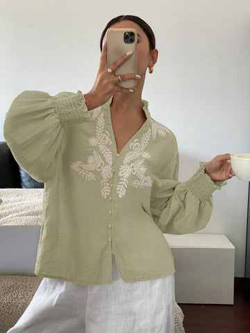 Frenchy Women's Vacation Casual White Embroidered Front Placket Shirt Frenchy Women's Vacation Casual White Embroidered Front Placket Shirt