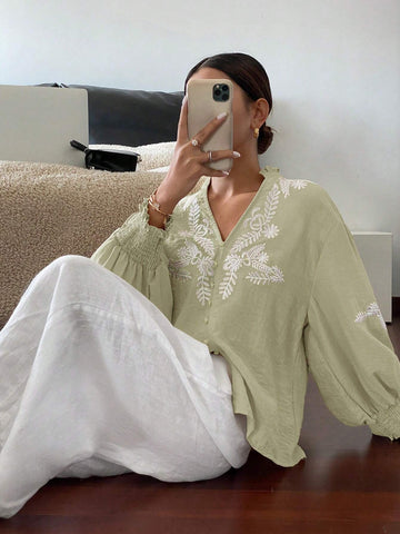 Frenchy Women's Vacation Casual White Embroidered Front Placket Shirt Frenchy Women's Vacation Casual White Embroidered Front Placket Shirt