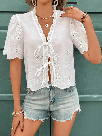 Frenchy Women's Vacation Solid Color Ruffled Front Tie Up Embroidered Casual Blouse, Frenchy Women's Vacation Solid Color Ruffled Front Tie Up Embroidered Casual Blouse,