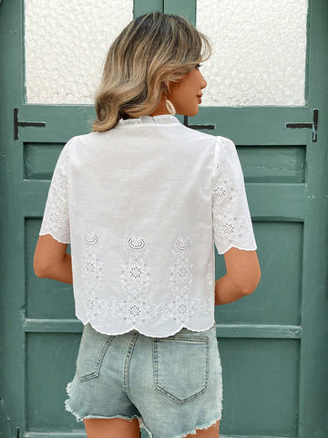 Frenchy Women's Vacation Solid Color Ruffled Front Tie Up Embroidered Casual Blouse, Frenchy Women's Vacation Solid Color Ruffled Front Tie Up Embroidered Casual Blouse,