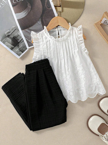 Kids 2pcs Girl's Round Neck Ruffle Trim Hollow Out Embroidery Sleeveless Top And Solid Color Pants Set Kids 2pcs Girl's Round Neck Ruffle Trim Hollow Out Embroidery Sleeveless Top And Solid Color Pants Set