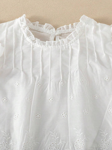 Kids 2pcs Girl's Round Neck Ruffle Trim Hollow Out Embroidery Sleeveless Top And Solid Color Pants Set Kids 2pcs Girl's Round Neck Ruffle Trim Hollow Out Embroidery Sleeveless Top And Solid Color Pants Set