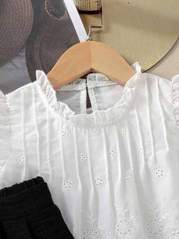 Kids 2pcs Girl's Round Neck Ruffle Trim Hollow Out Embroidery Sleeveless Top And Solid Color Pants Set Kids 2pcs Girl's Round Neck Ruffle Trim Hollow Out Embroidery Sleeveless Top And Solid Color Pants Set