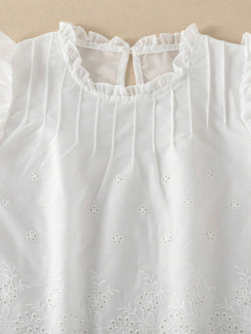 Kids 2pcs Girl's Round Neck Ruffle Trim Hollow Out Embroidery Sleeveless Top And Solid Color Pants Set Kids 2pcs Girl's Round Neck Ruffle Trim Hollow Out Embroidery Sleeveless Top And Solid Color Pants Set