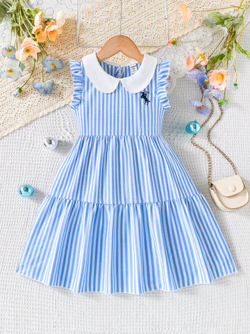 Kids Girls Blue Striped Ruffle Cuff Fashion Embroidery Design Ruffle Hem Casual/Holiday Princess Dress Kids Girls Blue Striped Ruffle Cuff Fashion Embroidery Design Ruffle Hem Casual/Holiday Princess Dress