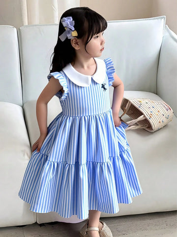 Kids Girls Blue Striped Ruffle Cuff Fashion Embroidery Design Ruffle Hem Casual/Holiday Princess Dress Kids Girls Blue Striped Ruffle Cuff Fashion Embroidery Design Ruffle Hem Casual/Holiday Princess Dress