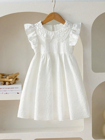 Young Girl Elegant Solid Color Jacquard Textured Cap Sleeve Decor Ruffle Collar High Waist A-Line Princess Dress Young Girl Elegant Solid Color Jacquard Textured Cap Sleeve Decor Ruffle Collar High Waist A-Line Princess Dress