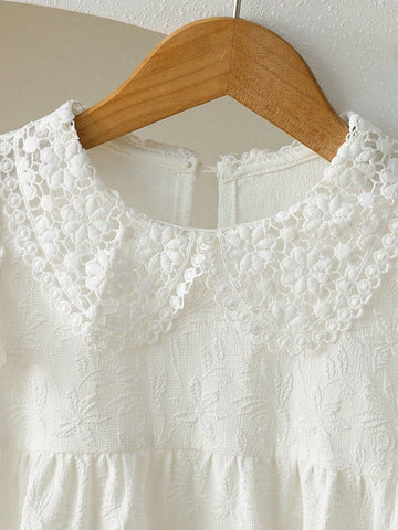 Young Girl Elegant Solid Color Jacquard Textured Cap Sleeve Decor Ruffle Collar High Waist A-Line Princess Dress Young Girl Elegant Solid Color Jacquard Textured Cap Sleeve Decor Ruffle Collar High Waist A-Line Princess Dress