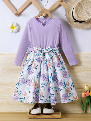 Girls Casual Textured Ribbed Long Sleeve Dress With Graphic Print Waist Belt, Versatile For Daily Wear, Vacation, Spring/Summer/Autumn Girls Casual Textured Ribbed Long Sleeve Dress With Graphic Print Waist Belt, Versatile For Daily Wear, Vacation, Spring/Summer/Autumn