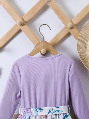 Girls Casual Textured Ribbed Long Sleeve Dress With Graphic Print Waist Belt, Versatile For Daily Wear, Vacation, Spring/Summer/Autumn Girls Casual Textured Ribbed Long Sleeve Dress With Graphic Print Waist Belt, Versatile For Daily Wear, Vacation, Spring/Summer/Autumn