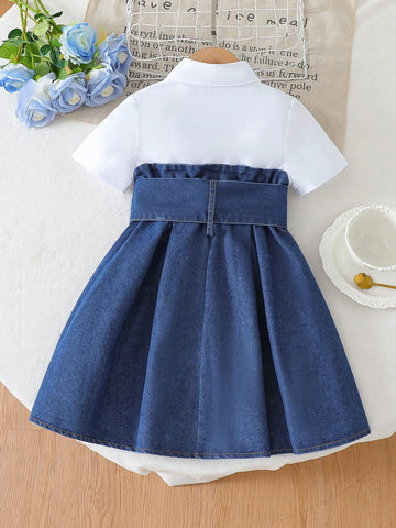 Girls Chiffon Shirt Collar Short Sleeve Patchwork A-Line Waist Slim Formal Dress With Belt Girls Chiffon Shirt Collar Short Sleeve Patchwork A-Line Waist Slim Formal Dress With Belt