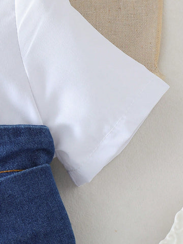 Girls Chiffon Shirt Collar Short Sleeve Patchwork A-Line Waist Slim Formal Dress With Belt, Summer Korean Style Girls Chiffon Shirt Collar Short Sleeve Patchwork A-Line Waist Slim Formal Dress With Belt, Summer Korean Style