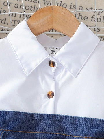 Girls Chiffon Shirt Collar Short Sleeve Patchwork A-Line Waist Slim Formal Dress With Belt Girls Chiffon Shirt Collar Short Sleeve Patchwork A-Line Waist Slim Formal Dress With Belt