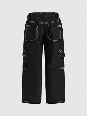 Girls' Contrast Stitching Multi-Pocket Black Jeans Girls' Contrast Stitching Multi-Pocket Black Jeans