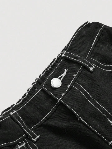 Girls' Contrast Stitching Multi-Pocket Black Jeans Girls' Contrast Stitching Multi-Pocket Black Jeans