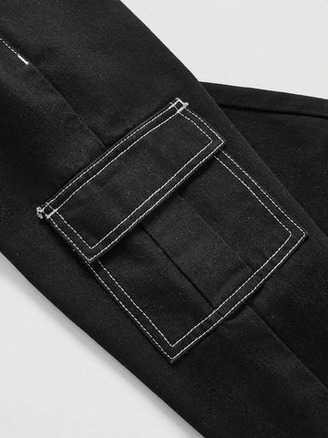 Girls' Contrast Stitching Multi-Pocket Black Jeans Girls' Contrast Stitching Multi-Pocket Black Jeans