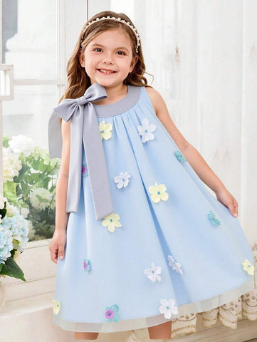 Girls Elegant 3D Floral, Bow-Knot Decor Loose Casual Princess Dress Girls Elegant 3D Floral, Bow-Knot Decor Loose Casual Princess Dress