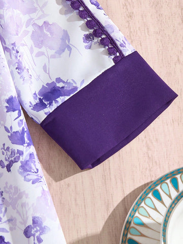 Girls' Purple Casual Lace Patchwork Ink Painting Print Comfortable Long Dress Girls' Purple Casual Lace Patchwork Ink Painting Print Comfortable Long Dress