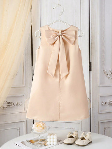 Glamorique Kids 1pc Girls Kid Floral Wedding Bridesmaid Dress, Sleeveless Elegant Satin Dress With Big Bow Decor & Flower Design Glamorique Kids 1pc Girls Kid Floral Wedding Bridesmaid Dress, Sleeveless Elegant Satin Dress With Big Bow Decor & Flower Design