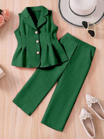 Kids 2pcs Young Girl' Elegant Stand Collar Sleeveless Vest And Pants Set, Spring Summer Kids 2pcs Young Girl' Elegant Stand Collar Sleeveless Vest And Pants Set, Spring Summer
