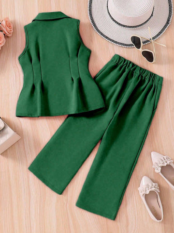 Kids 2pcs Young Girl' Elegant Stand Collar Sleeveless Vest And Pants Set, Spring Summer Kids 2pcs Young Girl' Elegant Stand Collar Sleeveless Vest And Pants Set, Spring Summer