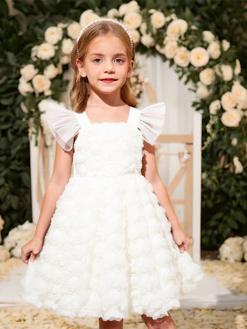 Kids Girls Elegant 3D Floral Embroidery Cap Sleeve Dress Kids Girls Elegant 3D Floral Embroidery Cap Sleeve Dress