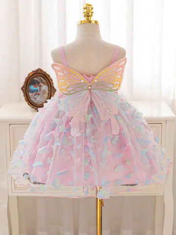Toddler Girls' Blue & Pink Layered 3D Butterfly Mesh Patchwork A-Line Dress,Easter Toddler Girls' Blue & Pink Layered 3D Butterfly Mesh Patchwork A-Line Dress,Easter