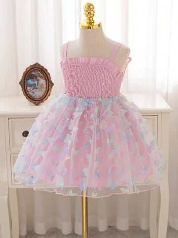 Toddler Girls' Blue & Pink Layered 3D Butterfly Mesh Patchwork A-Line Dress,Easter Toddler Girls' Blue & Pink Layered 3D Butterfly Mesh Patchwork A-Line Dress,Easter