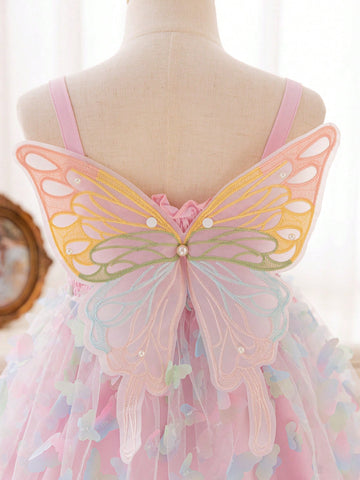 Toddler Girls' Blue & Pink Layered 3D Butterfly Mesh Patchwork A-Line Dress,Easter Toddler Girls' Blue & Pink Layered 3D Butterfly Mesh Patchwork A-Line Dress,Easter