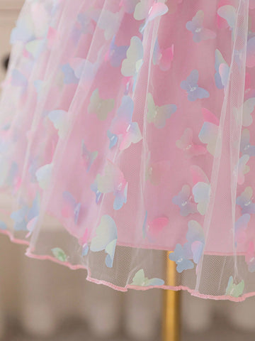 Toddler Girls' Blue & Pink Layered 3D Butterfly Mesh Patchwork A-Line Dress,Easter Toddler Girls' Blue & Pink Layered 3D Butterfly Mesh Patchwork A-Line Dress,Easter