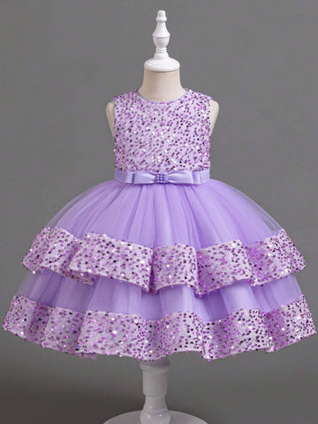 Young Girl Sequin Contrast Color Sleeveless Mesh Contrast Party Dress Young Girl Sequin Contrast Color Sleeveless Mesh Contrast Party Dress