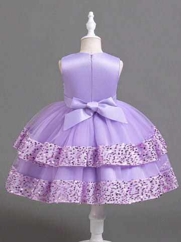 Young Girl Sequin Contrast Color Sleeveless Mesh Contrast Party Dress Young Girl Sequin Contrast Color Sleeveless Mesh Contrast Party Dress