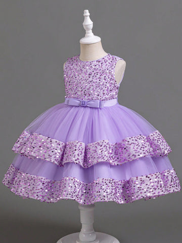 Young Girl Sequin Contrast Color Sleeveless Mesh Contrast Party Dress Young Girl Sequin Contrast Color Sleeveless Mesh Contrast Party Dress