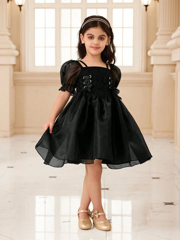 Kids Young Girl Solid Color Mesh Panel Short Sleeve Casual Dress Kids Young Girl Solid Color Mesh Panel Short Sleeve Casual Dress