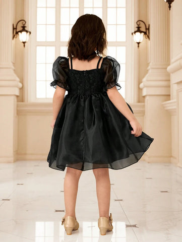 Kids Young Girl Solid Color Mesh Panel Short Sleeve Casual Dress Kids Young Girl Solid Color Mesh Panel Short Sleeve Casual Dress
