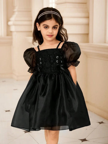 Kids Young Girl Solid Color Mesh Panel Short Sleeve Casual Dress Kids Young Girl Solid Color Mesh Panel Short Sleeve Casual Dress