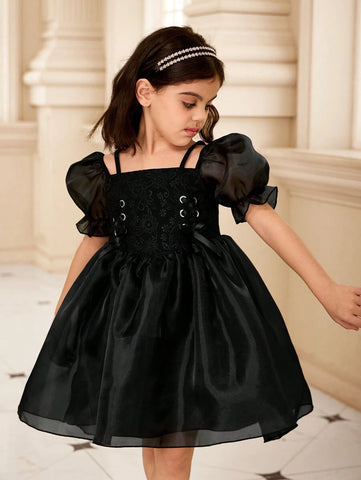 Kids Young Girl Solid Color Mesh Panel Short Sleeve Casual Dress Kids Young Girl Solid Color Mesh Panel Short Sleeve Casual Dress
