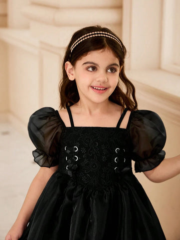Kids Young Girl Solid Color Mesh Panel Short Sleeve Casual Dress Kids Young Girl Solid Color Mesh Panel Short Sleeve Casual Dress