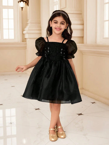 Kids Young Girl Solid Color Mesh Panel Short Sleeve Casual Dress Kids Young Girl Solid Color Mesh Panel Short Sleeve Casual Dress