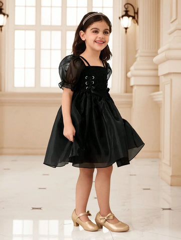 Kids Young Girl Solid Color Mesh Panel Short Sleeve Casual Dress Kids Young Girl Solid Color Mesh Panel Short Sleeve Casual Dress