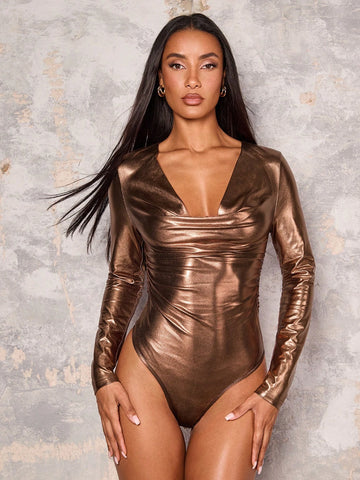 Sexy Women's Copper Gold Bright Coated Fabric Long Sleeve Shrinkage Bodysuits Nightclub Party Sexy Women's Copper Gold Bright Coated Fabric Long Sleeve Shrinkage Bodysuits Nightclub Party