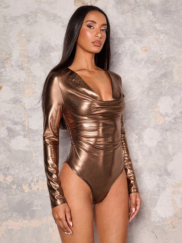 Sexy Women's Copper Gold Bright Coated Fabric Long Sleeve Shrinkage Bodysuits Nightclub Party Sexy Women's Copper Gold Bright Coated Fabric Long Sleeve Shrinkage Bodysuits Nightclub Party