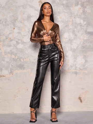 Sexy Women's Copper Gold Bright Coated Fabric Long Sleeve Shrinkage Bodysuits Nightclub Party Sexy Women's Copper Gold Bright Coated Fabric Long Sleeve Shrinkage Bodysuits Nightclub Party